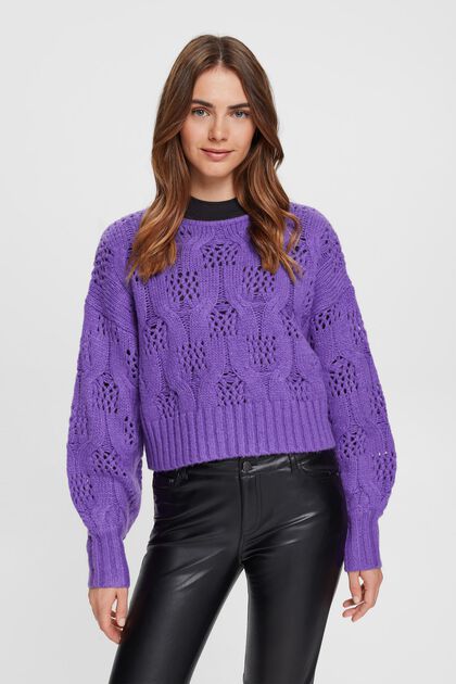 Cropped Zopfstrickpullover mit Wolle, PURPLE, overview