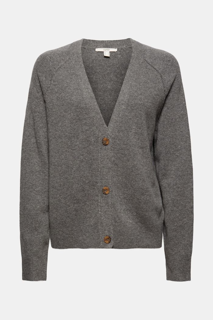 Mit Wolle: V-Neck Cardigan, GUNMETAL, overview