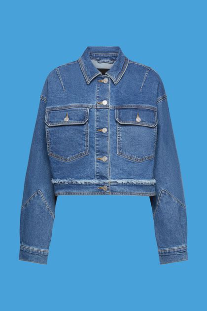 Verkürzte Jeansjacke mit fransigem Besatz, BLUE DARK WASHED, overview