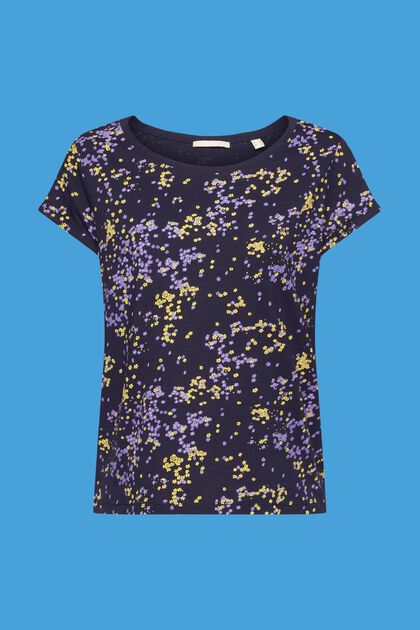 Baumwoll-T-Shirt mit floralem Print, NAVY, overview