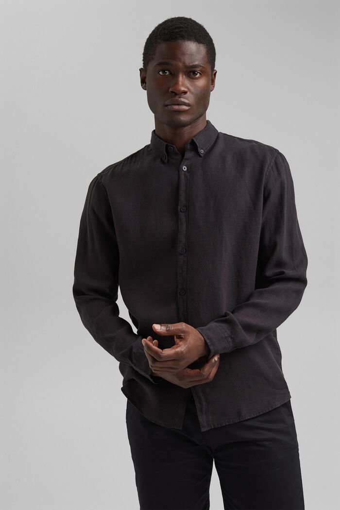 Button-Down-Hemd aus 100% Leinen, BLACK, overview
