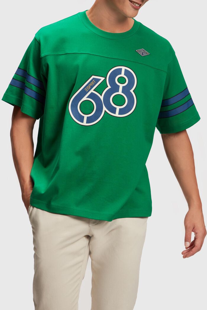 T-Shirt mit grafischem Print und Streifen am Ärmel, EMERALD GREEN, detail image number 0
