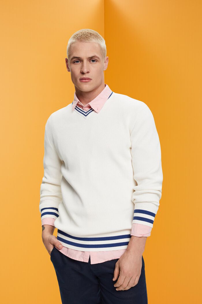Pullover mit V-Ausschnitt, nachhaltige Baumwolle, OFF WHITE, detail image number 0