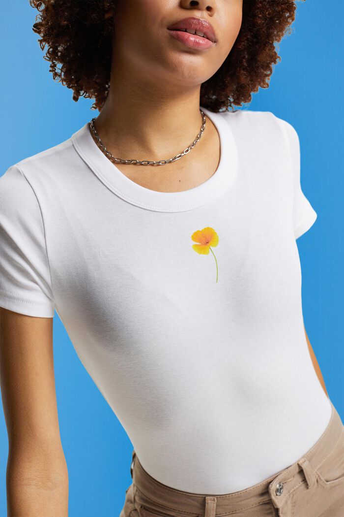 T-Shirt mit floralem Print auf der Brust, WHITE, detail image number 2