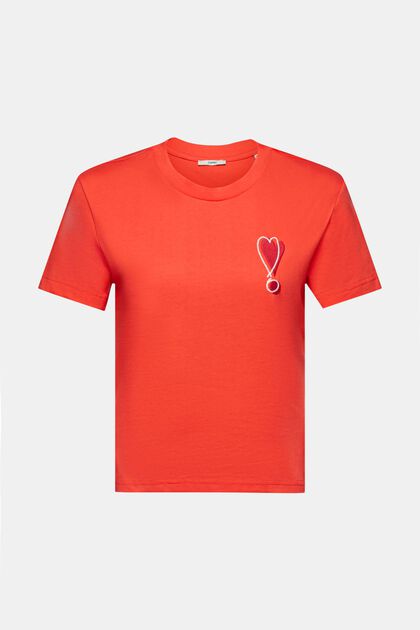 Baumwoll-T-Shirt mit gesticktem Herzmotiv, ORANGE RED, overview