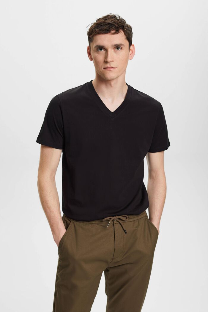 T-Shirt aus Baumwolle mit V-Ausschnitt, Slim Fit, BLACK, detail image number 0