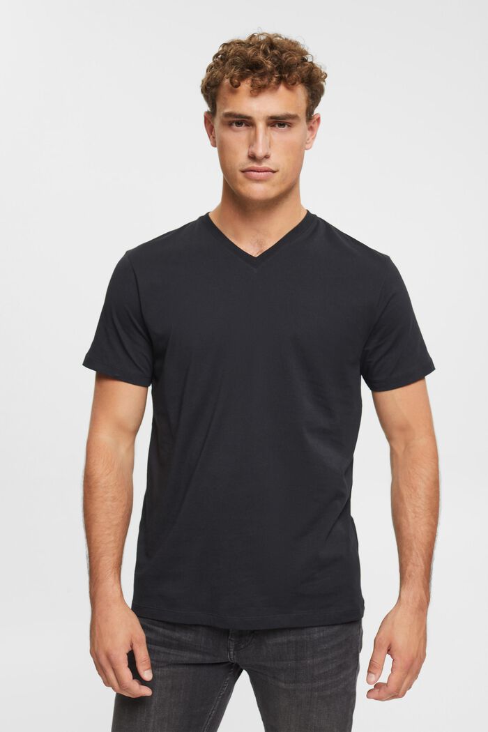 T-Shirt mit V-Ausschnitt aus nachhaltiger Baumwolle, BLACK, detail image number 0