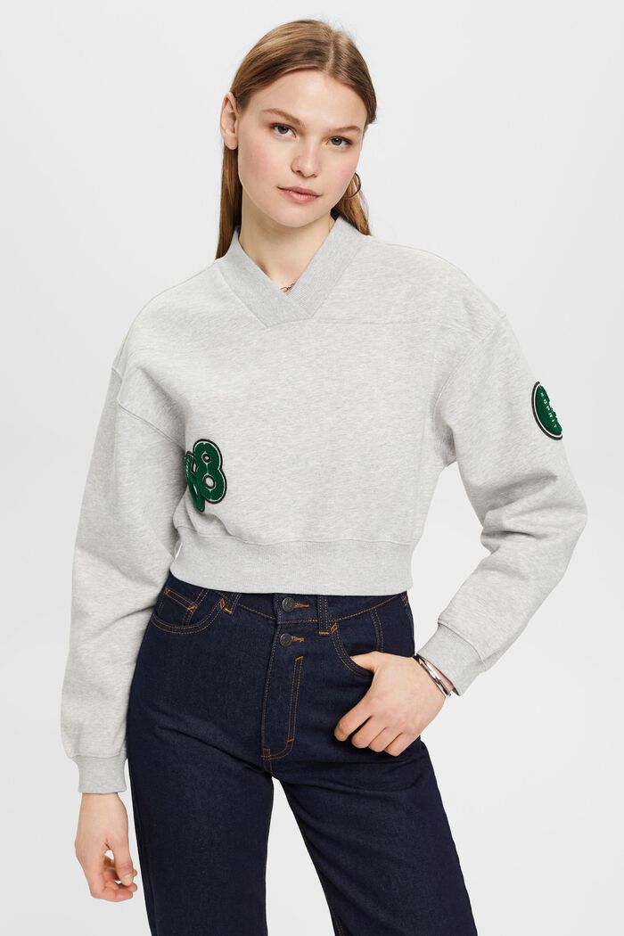 Cropped College-Sweatshirt mit Patches, LIGHT GREY, detail image number 0