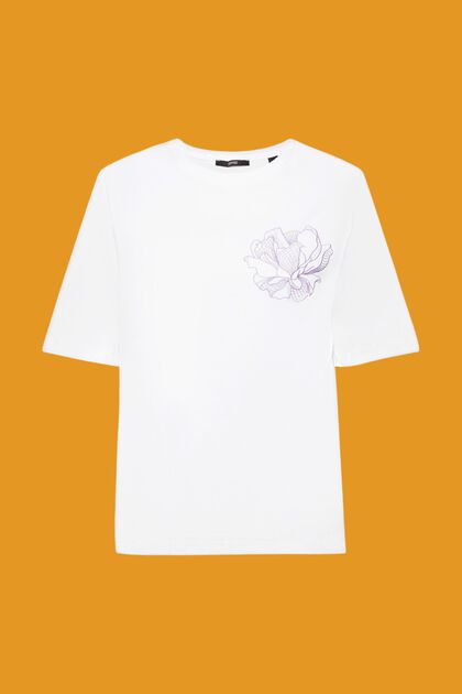 Baumwoll-T-Shirt mit floraler Stickerei, OFF WHITE, overview
