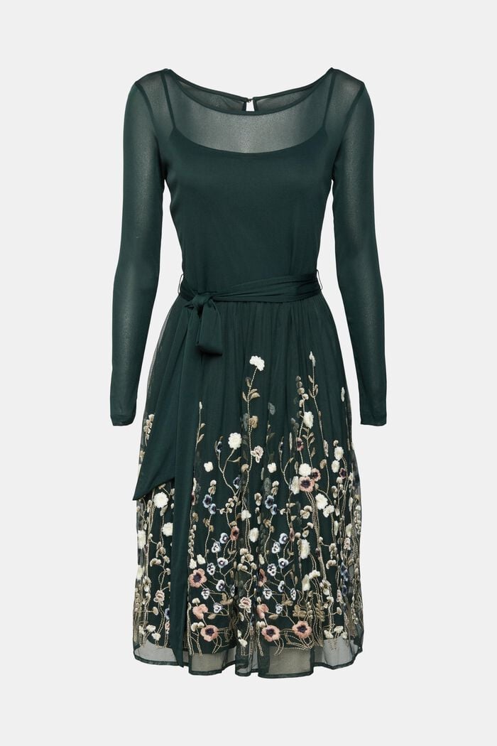 Mesh-Kleid mit Blüten-Stickerei, DARK TEAL GREEN, detail image number 6