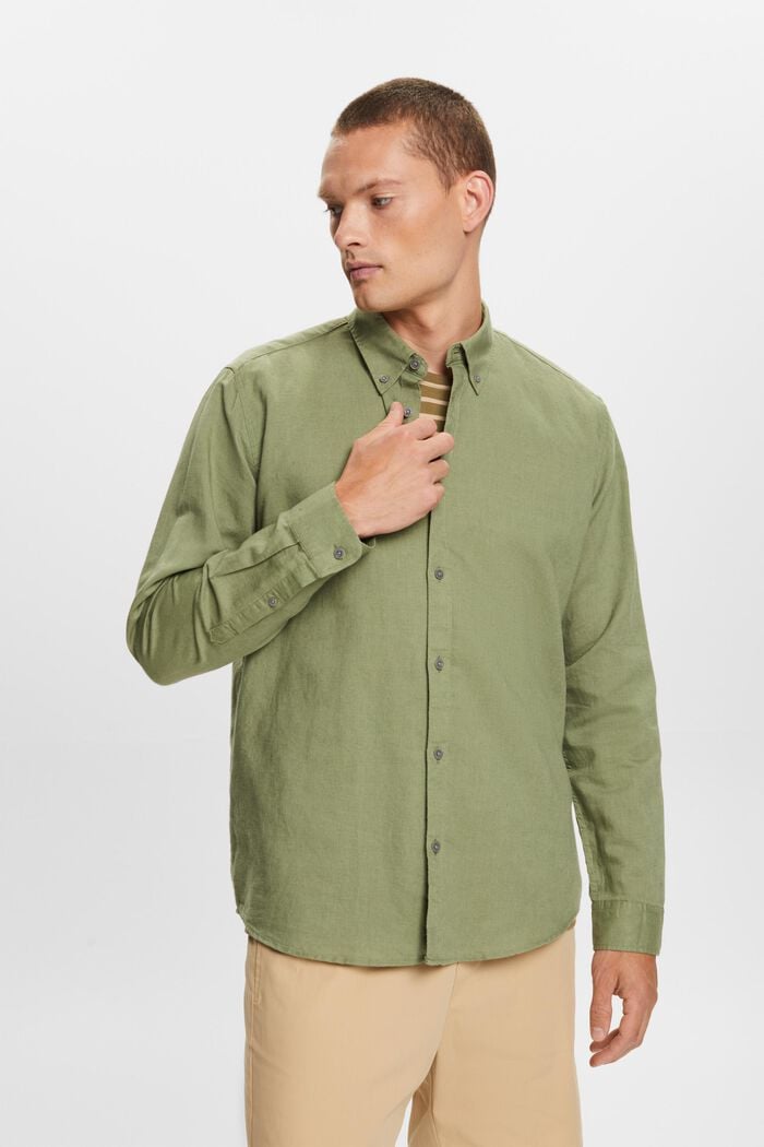 Button-Down-Hemd aus Baumwolle und Leinen, LIGHT KHAKI, detail image number 0