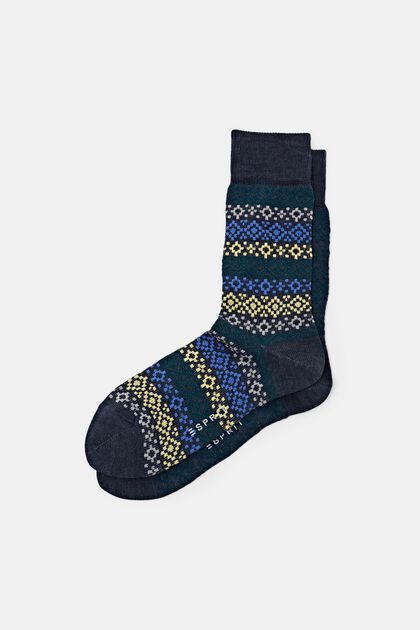 2er-Set Socken mit Fair Isle-Muster aus Wollmix, NAVY, overview