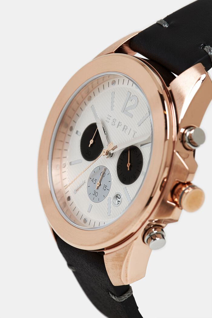 Edelstahl-Uhr mit Leder-Armband, BLACK, detail image number 1