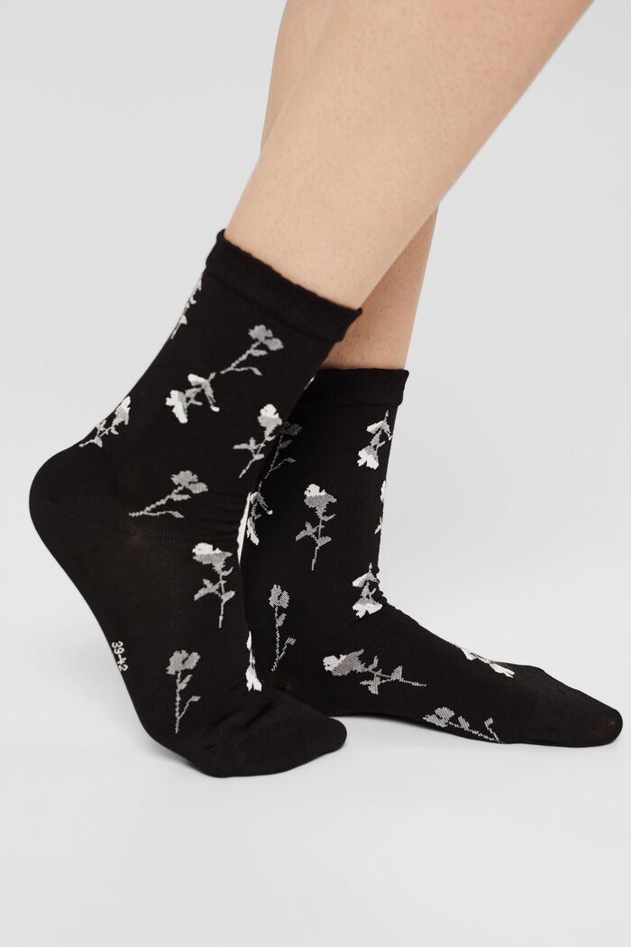 Socken mit Blumenmuster und fluffigem Bündchen, BLACK, detail image number 2