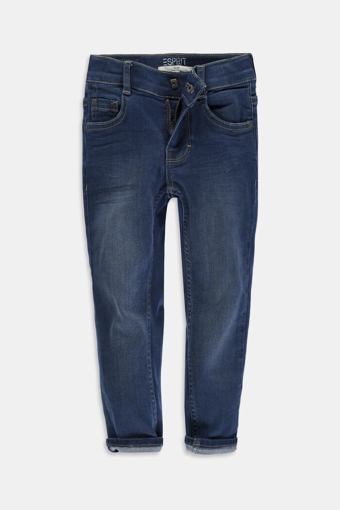 Washed Stretch-Jeans mit Verstellbund, BLUE DARK WASHED, overview