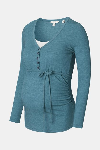 Jerseyshirt mit langen Ärmeln und Knöpfen, TEAL BLUE, overview