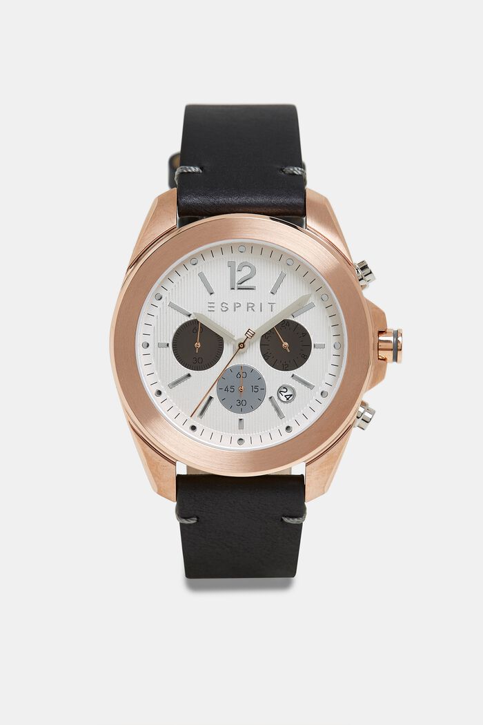 Edelstahl-Uhr mit Leder-Armband, BLACK, detail image number 0