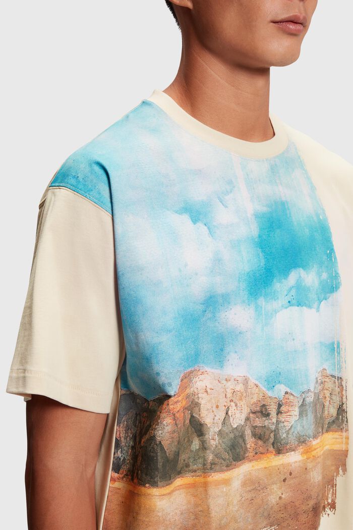 T-Shirt mit digitalem Landschafts-Print vorne, BEIGE, detail image number 2