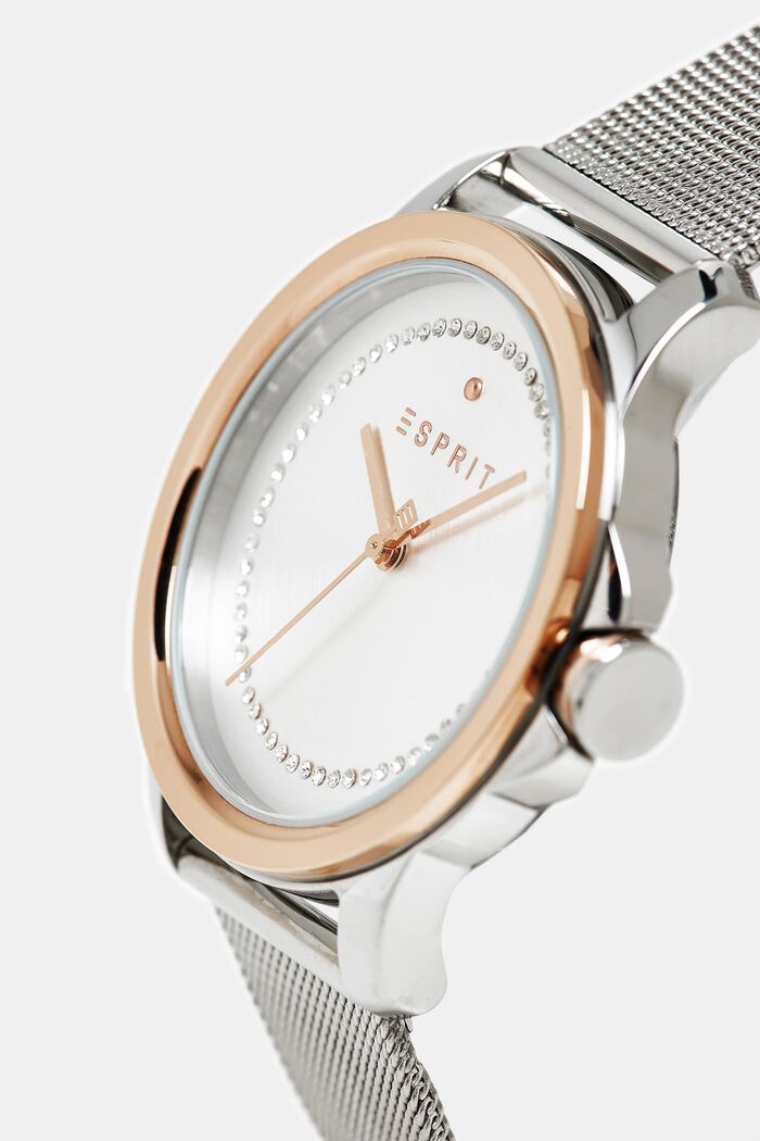 Edelstahl-Uhr mit Zirkonia und Mesh-Armband, SILVER, detail image number 1