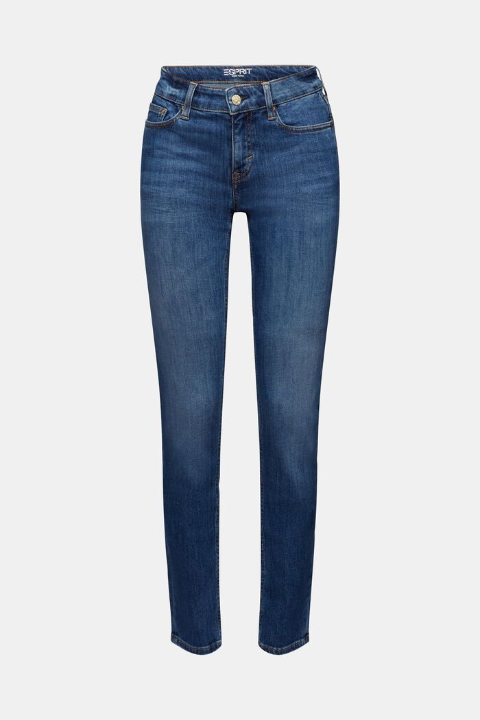 Schmal geschnittene Jeans mit mittelhohem Bund, BLUE MEDIUM WASHED, detail image number 7