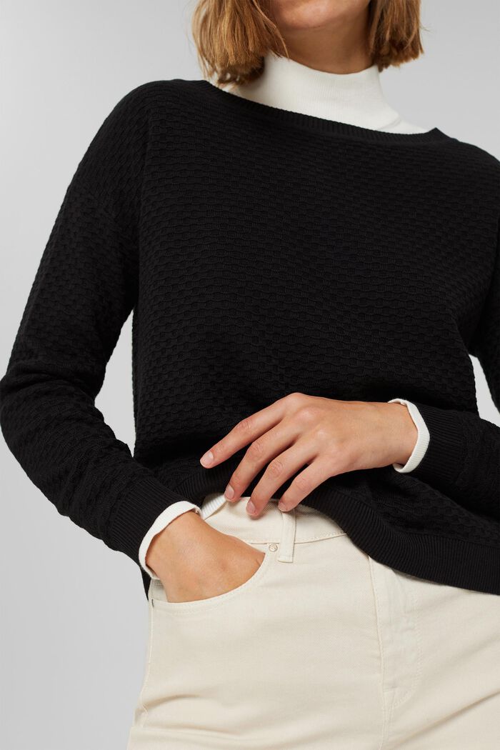 Pullover mit Waffelstruktur, 100% Baumwolle, BLACK, detail image number 2