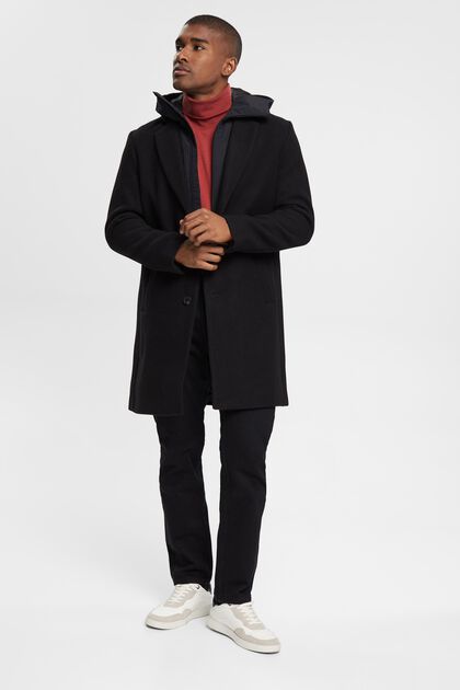 Mantel aus Wollmix mit abnehmbarer Kapuze, BLACK, overview