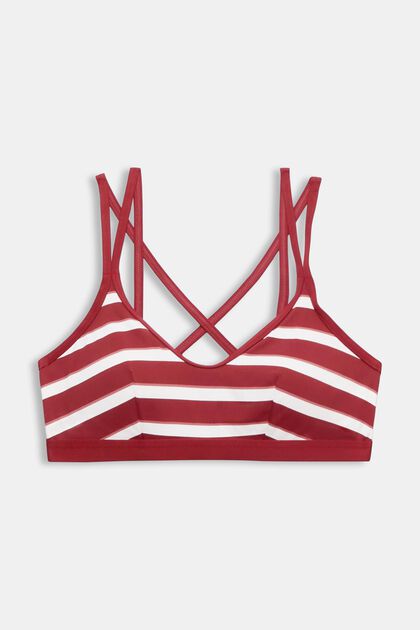 Wattiertes Bikini-Top mit Streifen und gekreuzten Trägern, DARK RED, overview