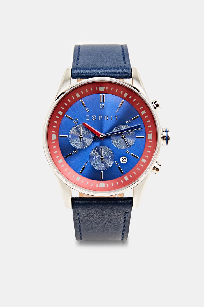 Edelstahl-Chronograph mit Leder-Armband, BLUE, detail image number 0