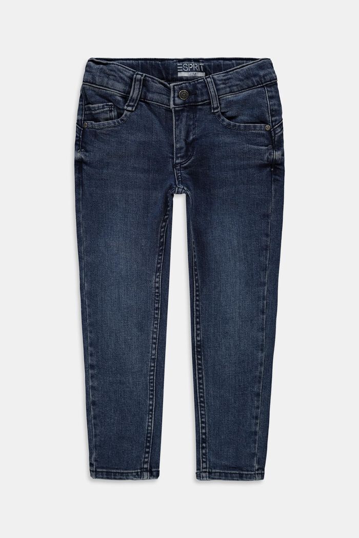 Recycelt: Jeans mit Schlitzen und Verstellbund, BLUE DARK WASHED, overview