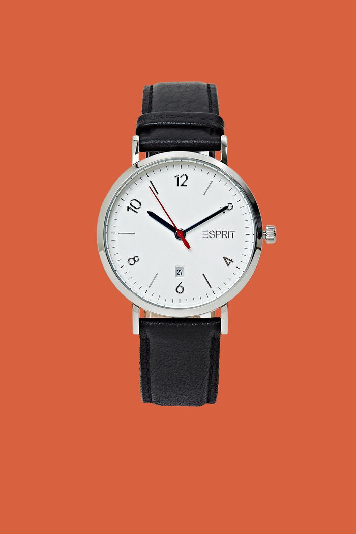 Edelstahl-Uhr mit Lederarmband, SILVER, detail image number 0