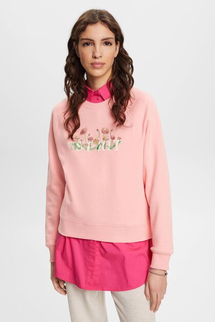 Sweatshirt mit Logoprint und Blumenstickereien, PINK, overview