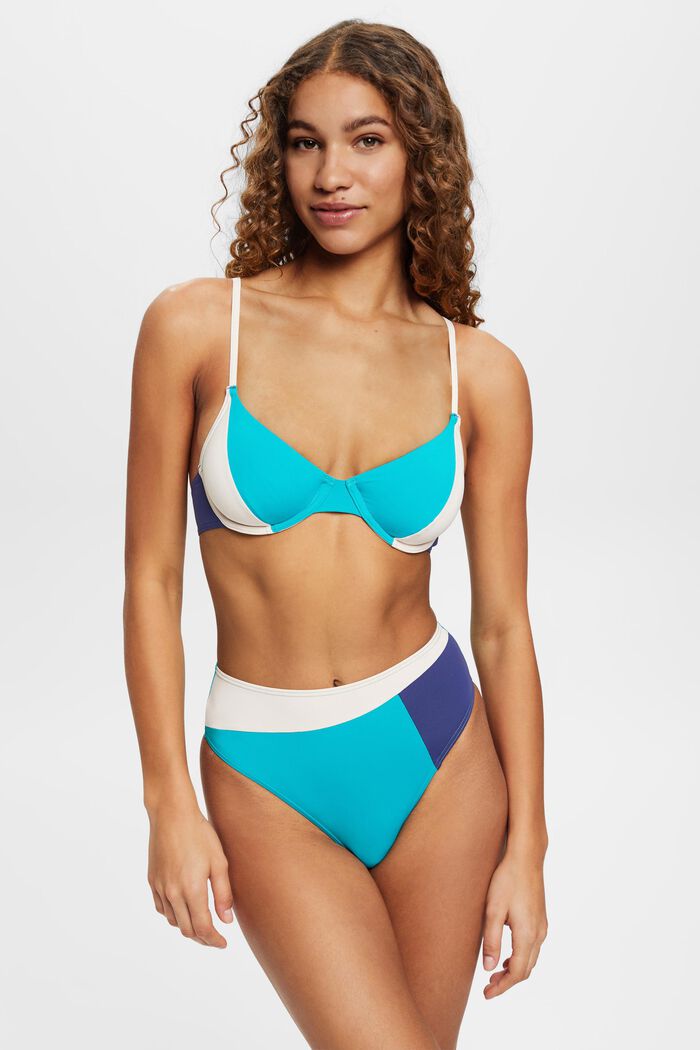 Bikinihose mit hohem Bund im Colour Block-Design, TEAL GREEN, detail image number 0