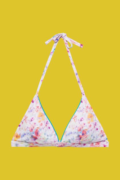 Wattiertes Neckholder-Bikinitop mit floralem Print, TEAL BLUE, overview