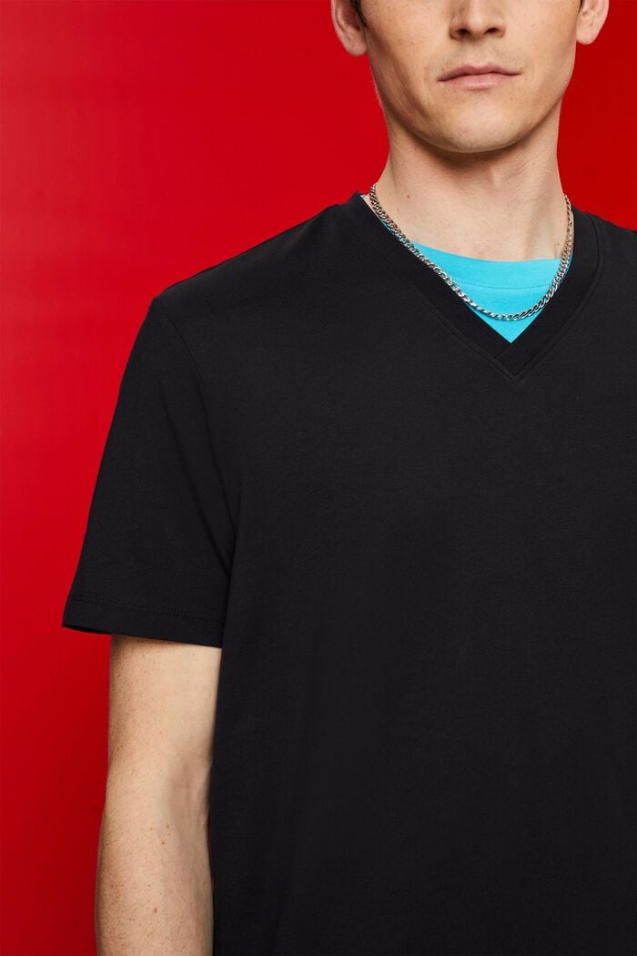 T-Shirt mit V-Ausschnitt aus Pima-Baumwolle, BLACK, detail image number 2