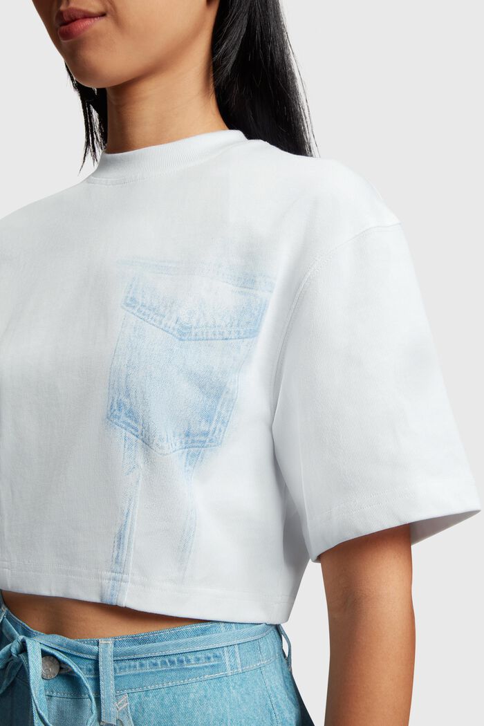 Denim Not Denim Cropped-T-Shirt mit Indigo-Print, WHITE, detail image number 1