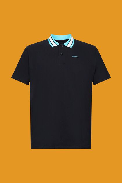 Poloshirt aus Baumwoll-Piqué mit Streifenkragen, BLACK, overview