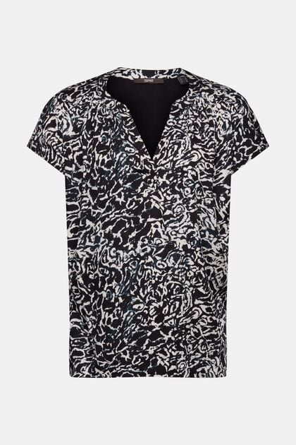 Gemustertes T-Shirt mit Schlitz am Ausschnitt, BLACK, overview