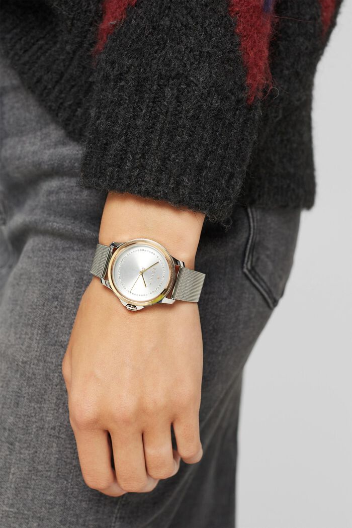 Edelstahl-Uhr mit Zirkonia und Mesh-Armband, SILVER, detail image number 2