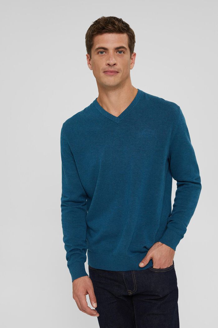 V- Neck Pullover aus 100% Pima Cotton, PETROL BLUE, detail image number 0