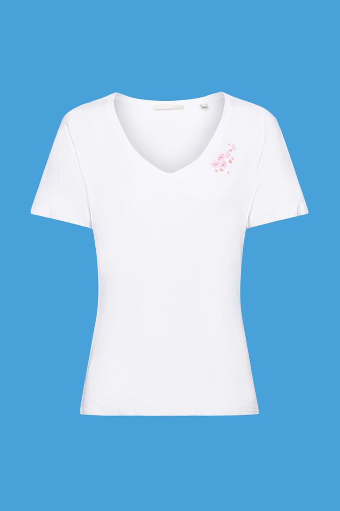 T-Shirt mit V-Ausschnitt und floraler Stickerei, WHITE, detail image number 5