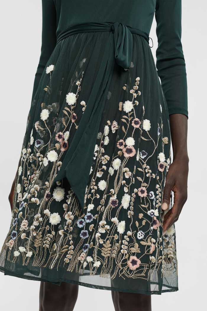 Mesh-Kleid mit Blüten-Stickerei, DARK TEAL GREEN, detail image number 2