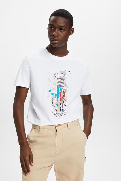 Schmal geschnittenes Baumwoll-T-Shirt mit Print, WHITE, overview