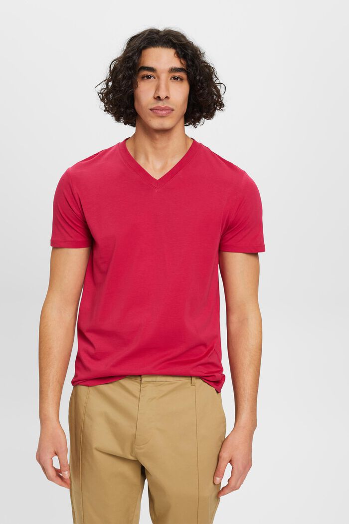 T-Shirt aus Baumwolle mit V-Ausschnitt, Slim Fit, DARK PINK, detail image number 0