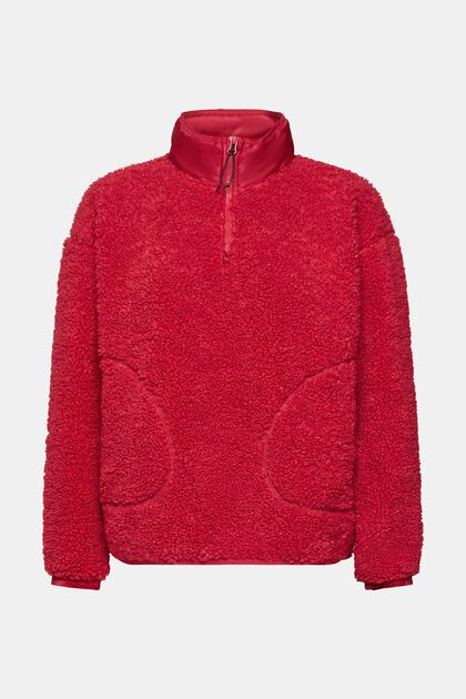 Sweatshirt aus Teddyfleece mit halbem Zipper, CHERRY RED, overview