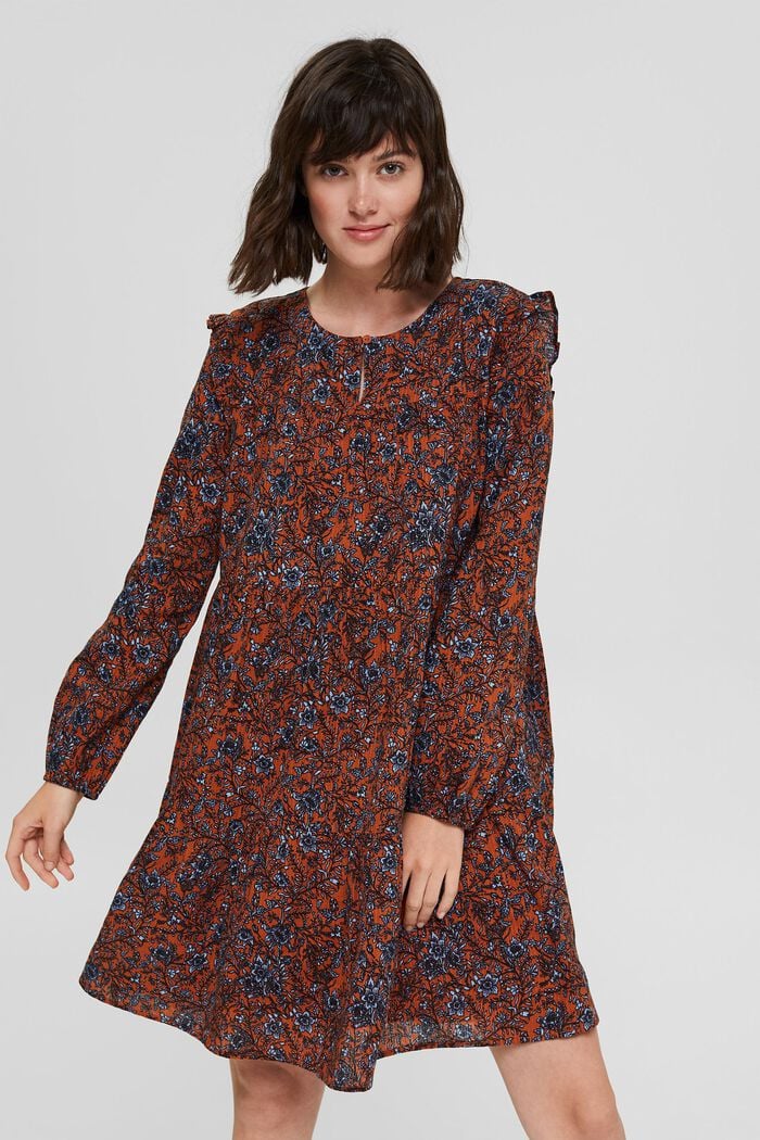 Print-Kleid mit Rüschen aus 100% Baumwolle, RUST ORANGE, detail image number 0