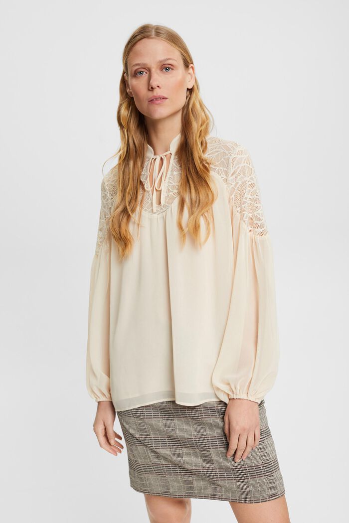 Chiffon-Bluse mit Spitze, DUSTY NUDE, detail image number 0