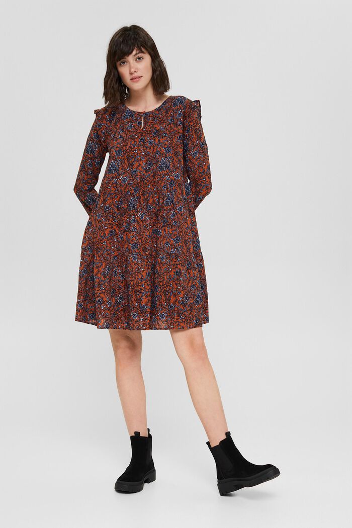 Print-Kleid mit Rüschen aus 100% Baumwolle, RUST ORANGE, detail image number 1