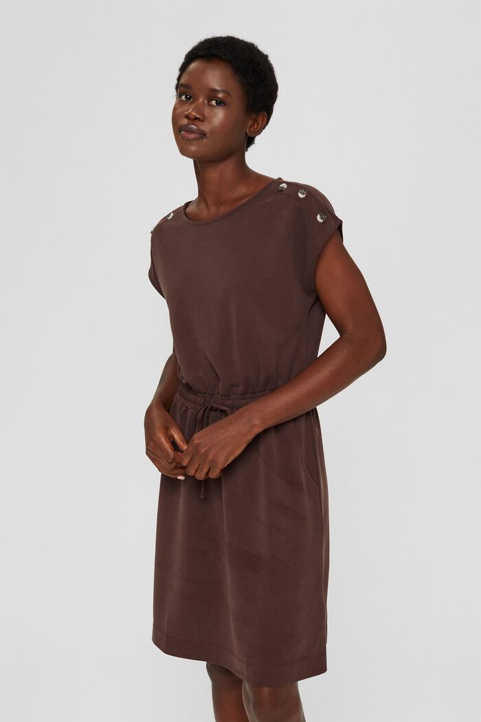 Kleid mit mattem Schimmer und Zierknöpfen, RUST BROWN, detail image number 0