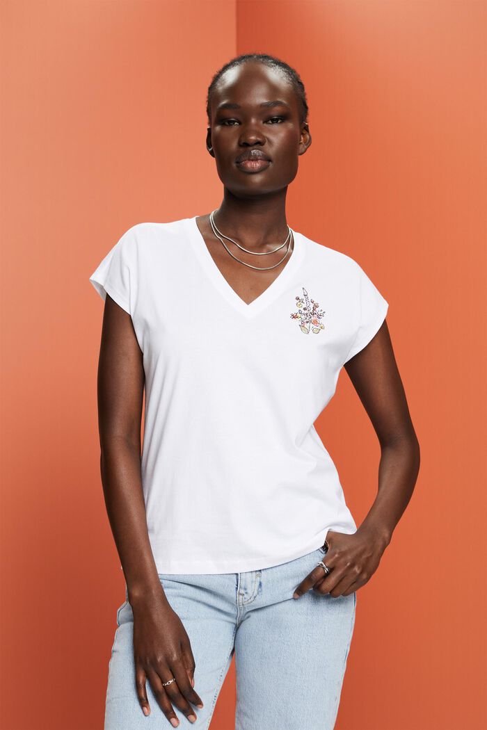T-Shirt mit Stickerei, 100 % Baumwolle, WHITE, detail image number 0