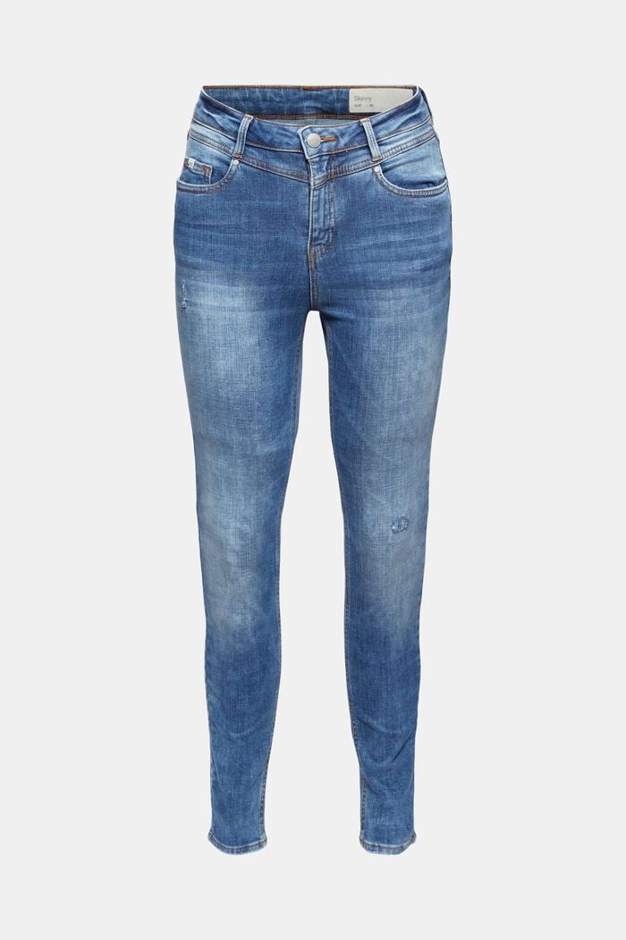 Knöchellange Jeans im Used-Look, Bio-Baumwolle, BLUE MEDIUM WASHED, overview